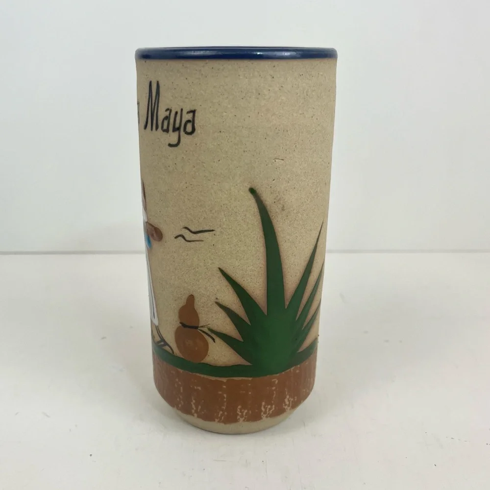 Tonala Mexican Pottery Hand Painted Art Man In Sombrero Cactus Signed 6” Vase